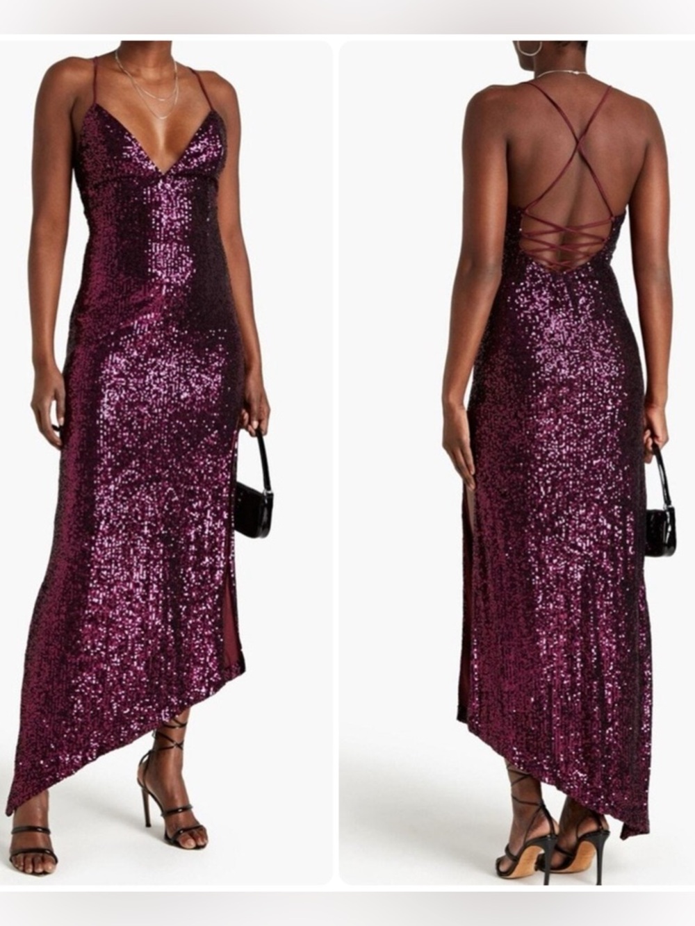 RETROFETE Currant-Violet Sequin Asymmetrical Tie-Back Gown Maxi Dress NWT $960 - Picture 7 of 7
